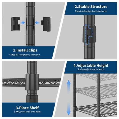 Beefy Heavy Duty Freestanding Portable Closet Organizer With Adjustable Carbon Steel Frame instructions on shelf installation and adjustment.