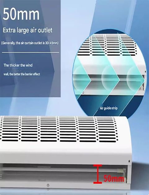 Heavy Duty Air Curtain Pumping Out Mean Airflow And Running Smooth As Silk With Dual Fan Speeds Adjustable Swivel Vane And Total Remote Ease For Tight Thermal Lockdown And Zero Drama Wall Installs, showing 50mm large air outlet.