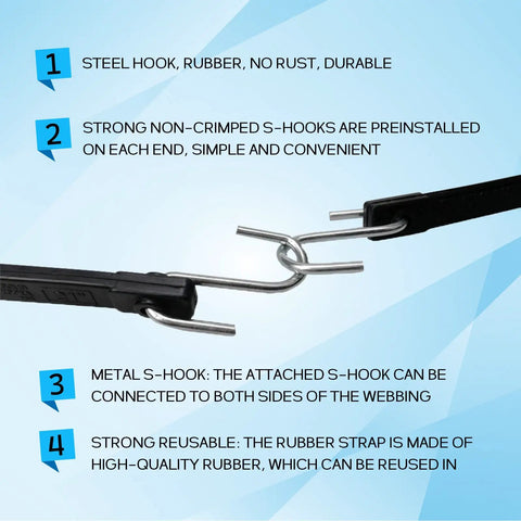 15 Inch EPDM Bungee Tarp Straps 10 Pack With 150 Percent Stretch showing S-hook and rubber strap details
