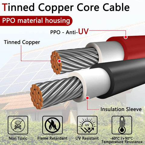 Tinned copper core cable with red and black insulation sleeve, highlighting UV resistance and flame retardant properties.