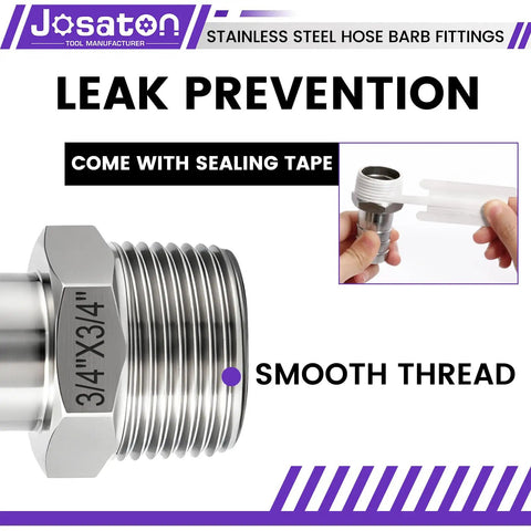 Heavy Duty 304 Stainless Steel Barb To Npt Male Thread Hose Fitting Set With High Pressure 2800 Psi Rating And Durable Corrosion Proof Design For Tough Plumbing Jobs And Fluid Control Systems Today. 3/4 inch stainless steel fitting with sealing tape