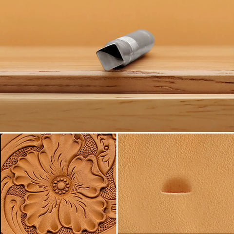 Leather Beveler Stamp Set for Leather Crafting Pro Grade Smooth Beveling Tools with carver showing stamped leather design.