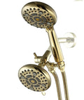High Pressure Dual Shower Head With Handheld, 6x6 spray modes, gold finish, mounted with visible connectors