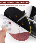110 Pcs 6 Inch Round Hook And Loop Sanding Discs Set With 6 Hole Design Grits 60 80 120 240 400 close-up of disc attachment