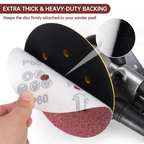 110 Pcs 6 Inch Round Hook And Loop Sanding Discs Set With 6 Hole Design Grits 60 80 120 240 400 close-up of disc attachment