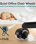 Heavy Duty Office Chair Casters Set Of 5 Replacement Wheels For Hardwood Floors And Carpet, Industrial Steel With Precision Bearings And Polyurethane, Smooth Roll, Fits Most Chairs, Not Compatible With IKEA, shown rolling quietly near a sleeping baby on hardwood floor.