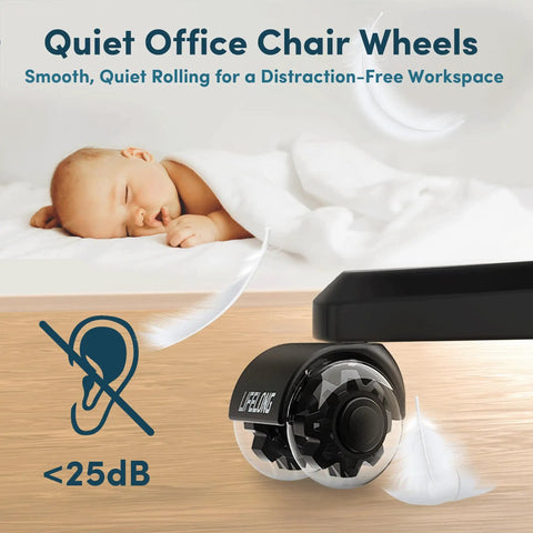 Heavy Duty Office Chair Casters Set Of 5 Replacement Wheels For Hardwood Floors And Carpet, Industrial Steel With Precision Bearings And Polyurethane, Smooth Roll, Fits Most Chairs, Not Compatible With IKEA, shown rolling quietly near a sleeping baby on hardwood floor.