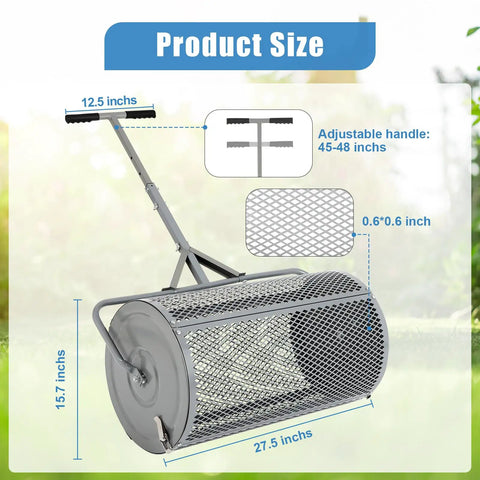 Large 27 Inch Compost Spreader for Lawn and Garden With Adjustable Handle Durable Roller Spreader for Yard Work No Fuss Easy To Use And Install Grey