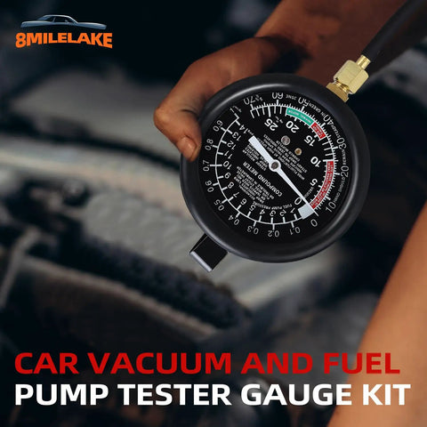 Fuel Pump And Vacuum Tester Gauge For Car Carburetor Diagnostics With Leak Testing Lets You Nail Fuel Pump Pressure To 10 PSI And Read Engine Vacuum To 28 InHg Includes Large Three And A Half Inch Adapters And Red Blow Mold Case. hand holding black 3.5-inch fuel and vacuum tester gauge