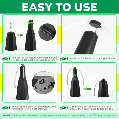 4 Pack Rechargeable Fly Fans For Tables Up To 10 Hours Of Use Indoors And Outdoors Keeps Flies Away Quiet Food Safe Table Fans with usage steps.