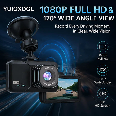 3 Inch Dash Cam For Cars 1080P HD Car Camera Wide Angle Driving Recorder With Night Vision, showing lens and screen display