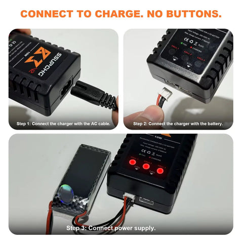 Steps to connect the Dope LiPo Battery Charger For 2S 3S Packs With Smart Chip Balance Charger For XHR Plug RC Toys And Model Batteries Safe Gentle Charging With Overvoltage Overtemperature Overcurrent And Short Circuit Protection.