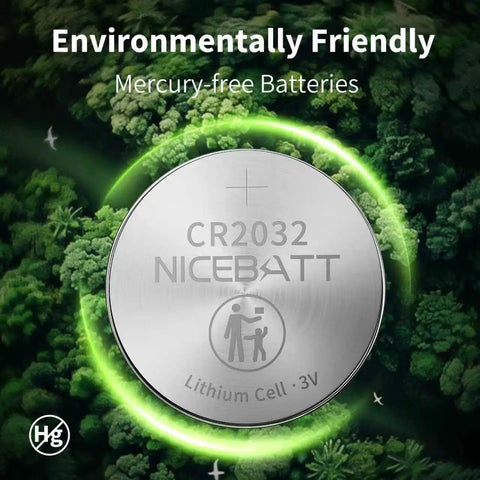 Premium CR2032 Battery 24 Pack 3V Lithium Coin Cell For Apple AirTag And Car Key Fob visibly labeled as mercury-free.