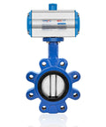 Front view of UNOX pneumatic butterfly valve, DN200 (8 in), lug-type blue body with stainless steel disc and EPDM seat.
