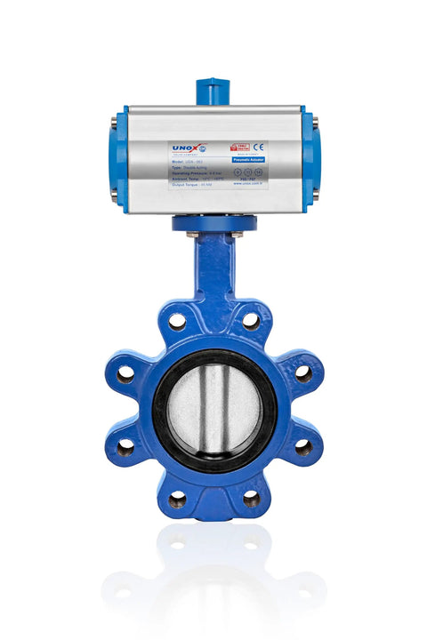 Heavy Duty 6 Inch Double Acting Pneumatic Butterfly Valve With Lug Mount And Quick Response Actuators front view with stainless disc and blue body.