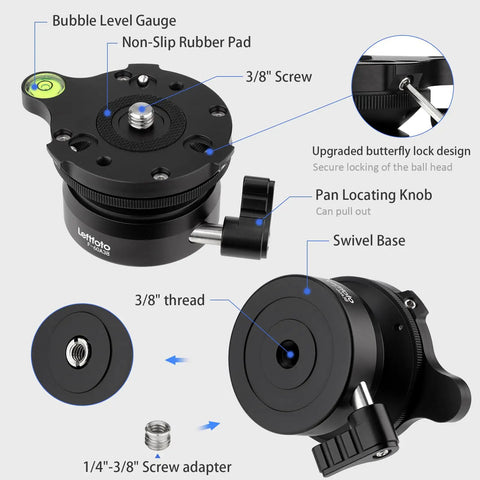 Precision Tripod Leveling Base Plate Half Ball Leveler with bubble level gauge and 3/8 inch screw, supports up to 22 lbs