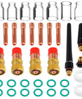 Badass TIG Welding Torch Accessories Kit Packed With Stubby Gas Lens Collets And Clear Glass Shrouds Snugs Right Up To WP17 WP18 WP26 Torches parts including gas lens collets, shrouds, and seals.