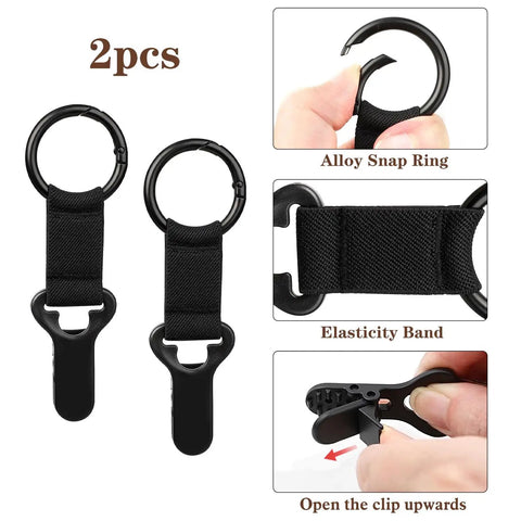 Hat Clip Travel Accessory 2 Pack For Luggage Bags Backpacks Hands Free Secure Hat Holder Keeps Hats Shaped On Vacation Beach Cruise Essentials Black Must Have showing metal snap ring and elastic band details.