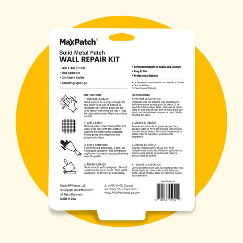 No Fuss All In One Drywall Repair Kit packaging showing patch and spackle instructions