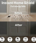Trisiki weather-stripping door seal foam tape, 1/2 in x 1/4 in; before/after with pest, noise, dust, light icons.