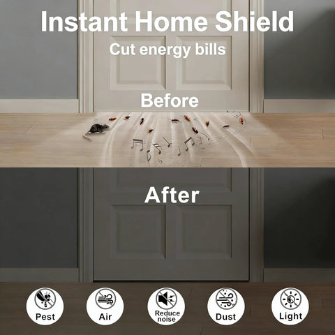 Trisiki weather-stripping door seal foam tape, 1/2 in x 1/4 in; before/after with pest, noise, dust, light icons.