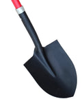 Round Point Digging Shovel With D Handle, 31 Inch Fiberglass Shaft, Pro Grade Comfort Grip Spade For Yard Work, Loose Soil, Roots, And Rocks, Heavy Duty Garden Shovel For Gardening And Landscaping with a black pointed blade and red handle on white background.