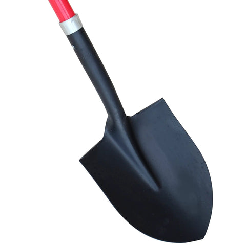 Round Point Digging Shovel With D Handle, 31 Inch Fiberglass Shaft, Pro Grade Comfort Grip Spade For Yard Work, Loose Soil, Roots, And Rocks, Heavy Duty Garden Shovel For Gardening And Landscaping with a black pointed blade and red handle on white background.