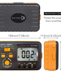 Earth Resistance Tester With 3 Resistance Ranges 20 Ohms, 200 Ohms, And 2000 Ohms, Digital Grounding Meter Up To 750 Volts AC, Backlit LCD shown with protection cover and dimensions. Compact design, high precision.