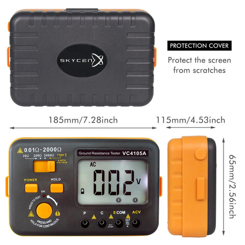 Earth Resistance Tester With 3 Resistance Ranges 20 Ohms, 200 Ohms, And 2000 Ohms, Digital Grounding Meter Up To 750 Volts AC, Backlit LCD shown with protection cover and dimensions. Compact design, high precision.