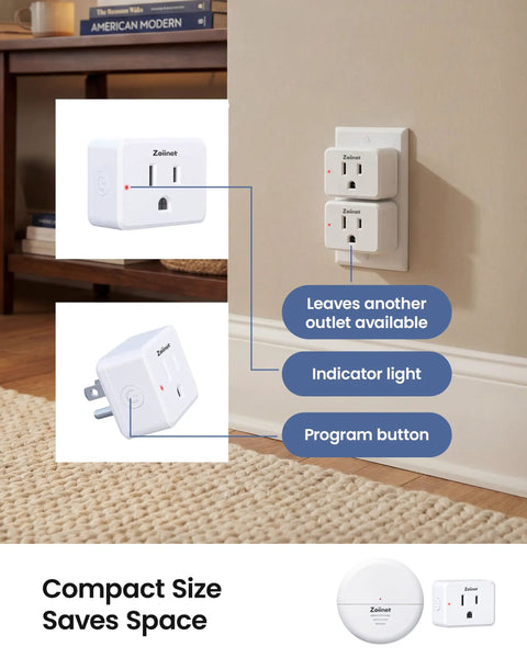 Wireless Motion Sensor Outlet With Detachable Sensor And Plug, 15A 1500W shown attached to wall, indicator light visible