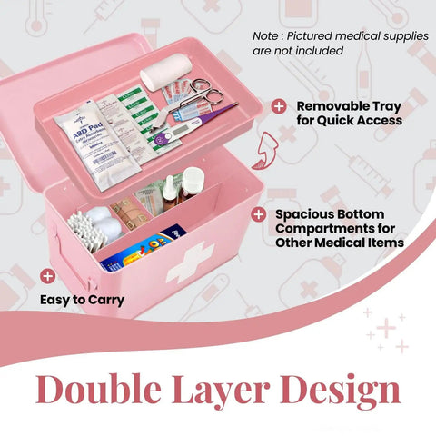 Pink Vintage 13 Inch Metal First Aid Box Organizer With Removable Tray, Adjustable Dividers, And White Cross Logo open with supplies