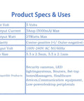 Specification table for Go-To 5V 5A Power Supply 25W for 3D Printers and LED Matrix, detailing voltage, current, and compatibility.