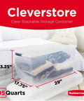 Cleverstore 95 Qt Clear Storage Bins With Lids in bedroom use, showing dimensions and stackable design.