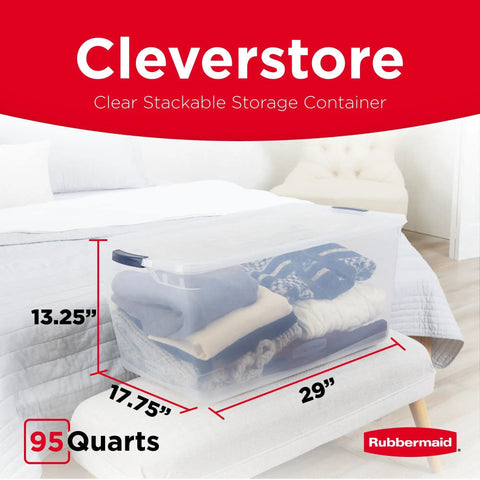 Cleverstore 95 Qt Clear Storage Bins With Lids in bedroom use, showing dimensions and stackable design.
