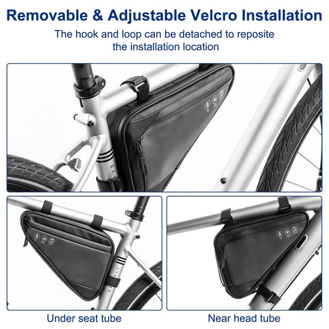 Installation locations of 2L Waterproof Reflective Bike Frame Storage Bag With 16 In 1 Multitool, Tire Patch Kit, Mini Pump And Tire Levers