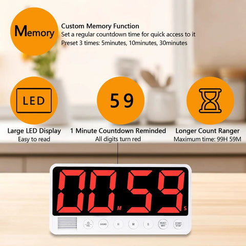 7.1 Inch Digital Kitchen Timer With Extra Large LED Display, Magnetic Back, on kitchen counter showing 59 seconds, black design