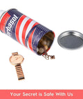Diversion Safe Stash Can 11oz Travel Size with Food Grade Smell Proof Bag shown with hidden compartment and valuables