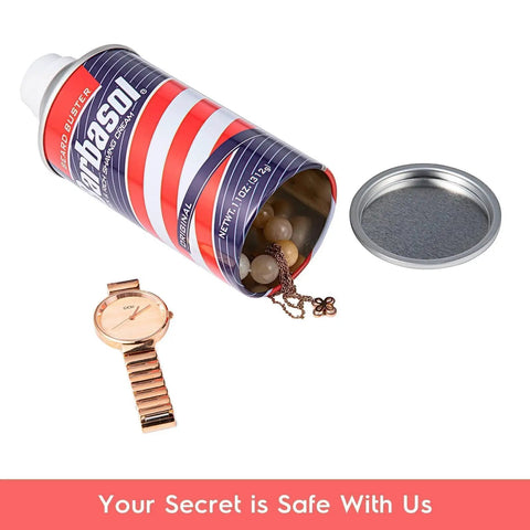 Diversion Safe Stash Can 11oz Travel Size with Food Grade Smell Proof Bag shown with hidden compartment and valuables