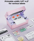 Bluetooth Thermal Label Printer 4x6 Shipping For Small Business And Home Office Fast Wireless Label Printer Up To 72 Labels Per Minute Inkless Cost Saving Works With iPhone Android iPad Windows macOS Chrome Etsy eBay showing pink printer and various label sizes