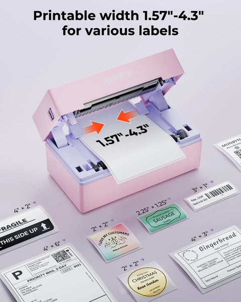 Bluetooth Thermal Label Printer 4x6 Shipping For Small Business And Home Office Fast Wireless Label Printer Up To 72 Labels Per Minute Inkless Cost Saving Works With iPhone Android iPad Windows macOS Chrome Etsy eBay showing pink printer and various label sizes