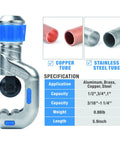 Hydraulic Copper Tubing Press Tool Kit with copper and stainless steel tube cutter, specs for 1/2, 3/4, 1 inch fittings