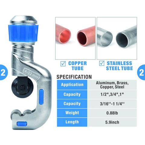 Hydraulic Copper Tubing Press Tool Kit with copper and stainless steel tube cutter, specs for 1/2, 3/4, 1 inch fittings