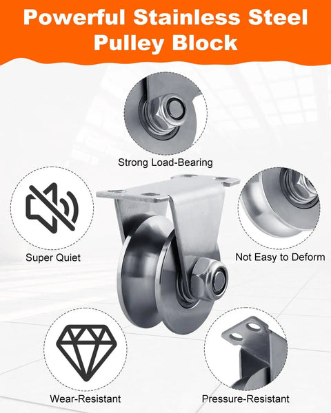 Pulley Wheel 304 Stainless Steel Block With Wall Mount U Groove Set Of 4 Quiet Double Bearing Cable Pulleys Built To Last For Gym Home Garage DIY Rigging And Tension Systems, close-up