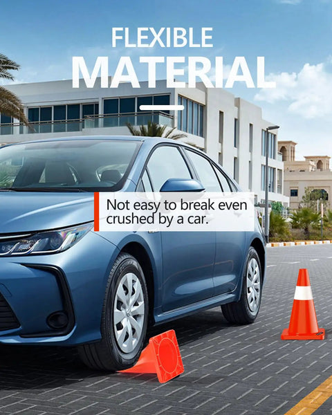 Car running over 6 Pack 18 Inch Traffic Safety Cone With Reflective Collars PVC Orange demonstrating durability and flexibility