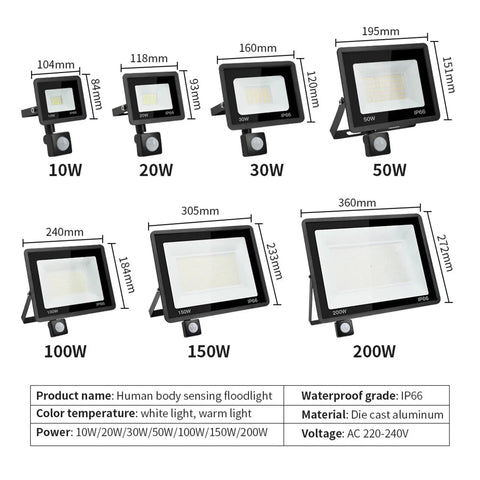 JUDYSSY Led Pir Motion Sensor Floodlight Outdoor Wall Light White Light 100W 50W 30W 20W 10W Ip66 Waterproof Led Spotlight dimensions.