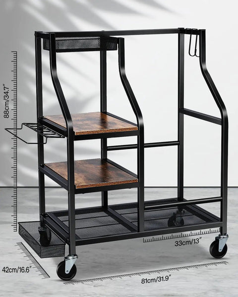 Garage Ready Golf Bag Organizer With Wheels Keeps Your Golf Gear Off The Floor Holds One Standard Bag Plus Clubs Balls Shoes Tees Gloves And Accessories In A Durable Space Saving Rack shown with dimensions in inches and cm