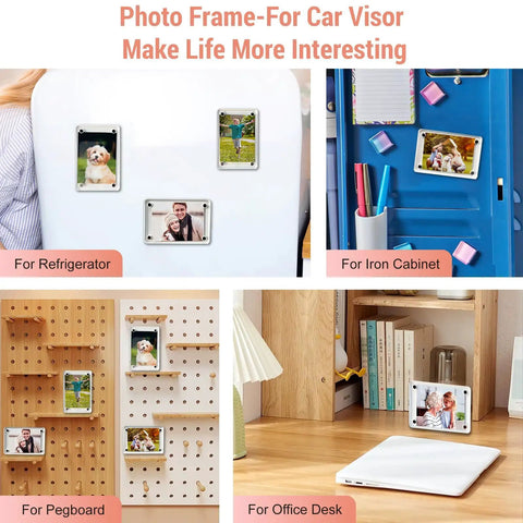 4 Pack Car Clip Photo Holder For Visor displayed on fridge, iron cabinet, pegboard, and office desk with family photos.