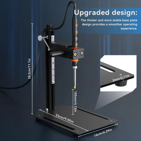 Vertical Heat Set Insert Tool With 90W Soldering Iron For 3D Printed Parts Brass Threaded Inserts M2 Through M8 Tip Adapter Included Easy Pressing And Durable Base For DIYers And Makers Plastic Projects shown in side view.