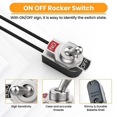 4 Pack Beefy Heavy Duty SPST Toggle Switch Kit With 5.1 Inch Cable, 6A At 125V And 3A At 250V, Metal Body Latching Switch with ON/OFF sign