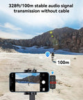 328ft range demonstration of 3 in 1 Wireless Lavalier Microphone Clip-On for iPhone Android and Camera in a desert landscape.